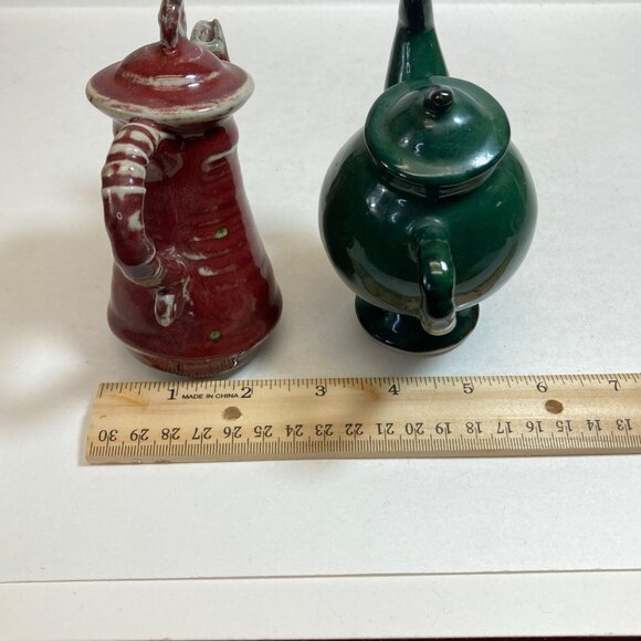 Handmade Ceramic Decorative Funky Teapots Green Maroon Signed Artisan Pottery - Picture 13 of 13